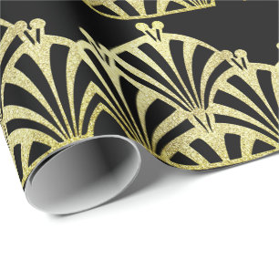 Papier Cadeau Ventilateur Art déco motif or noir élégant vintage