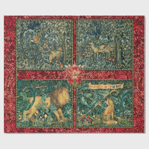 PAPIER CADEAU VERDURE, ANIMAUX FORESTIERS, LION, FOX, PHÉASANT, 