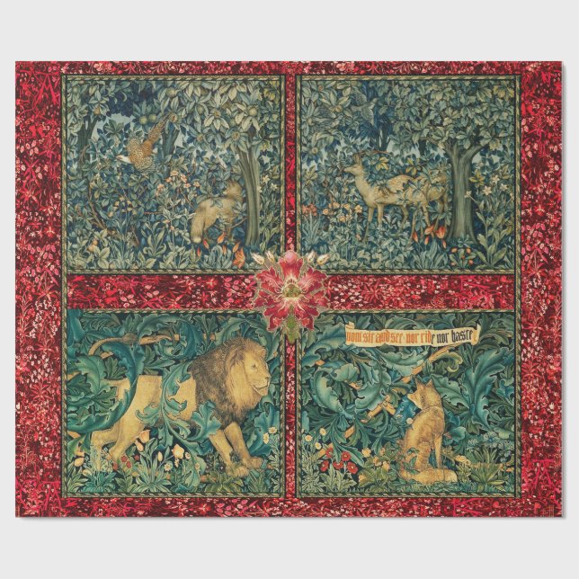 PAPIER CADEAU VERDURE, ANIMAUX FORESTIERS, LION, FOX, PHÉASANT,  (Plat)
