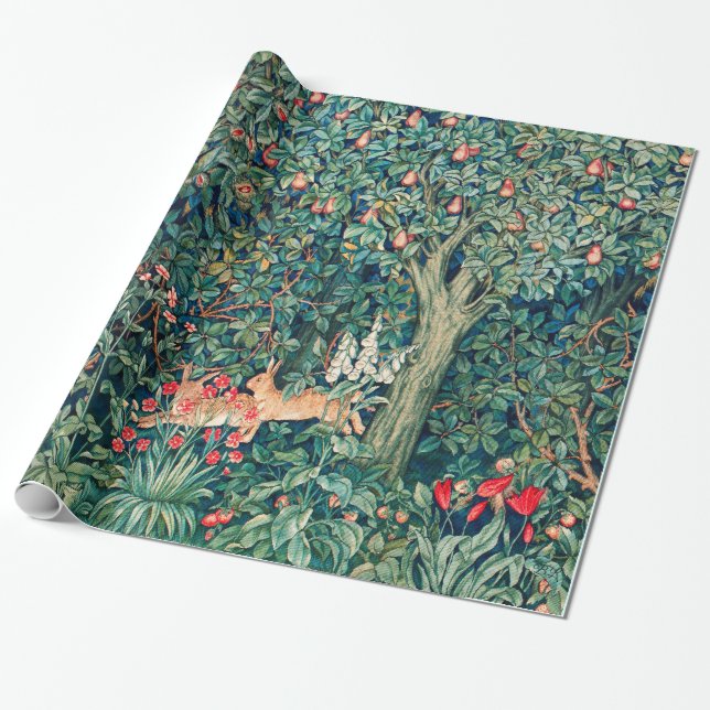 Papier Cadeau VERDURE, Hares d'ANIMAUX FORESTIERS, Floral vert (Déroulé)