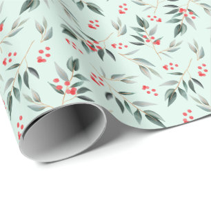 Papier Cadeau Verdure sage de feuillage d'hiver et Noël rouge d