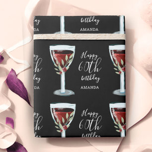 Papier Cadeau Verre à vin rouge Rose Aquarelle 60e Anniversaire
