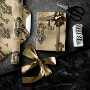 Papier Cadeau Verrouillage Steampunk et clé or   Découpage Vinta