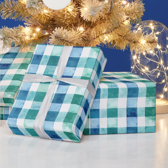 Papier Cadeau Vert Blanc Bleu Trappe Plaid Noël (Vacances)