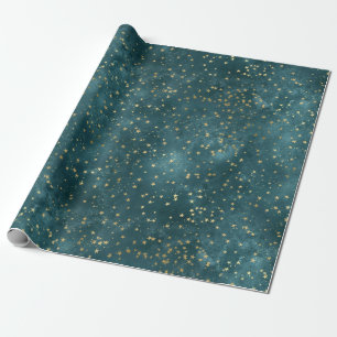 Papier Cadeau Vert bleu nuit ciel turquoise or étoile motif