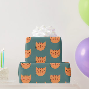 Papier Cadeau Vert chat mignon orange