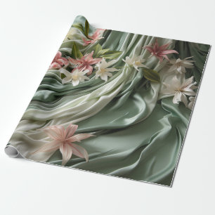 Papier Cadeau Vert, Crème, Rideaux de Soie & Fleurs Rose Clair