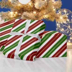 Papier Cadeau Vert de Noël, rayures de Noël en feuille d'or roug