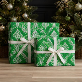 Papier Cadeau Vert et Blanc Noël damassé victorien