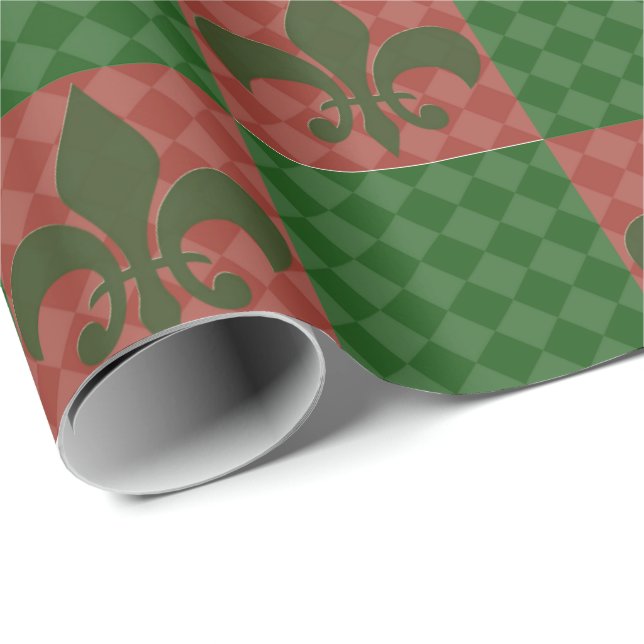 Papier Cadeau Vert et papier d'emballage de Red Fleur De Lis (Coin rond)
