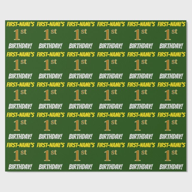 Papier Cadeau Vert, Faux/Imitation Or, "1er anniversaire" (Plat)