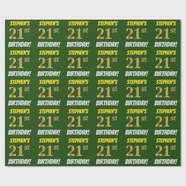 Papier Cadeau Vert, Faux/Imitation Or, "21e ANNIVERSAIRE" (Plat)