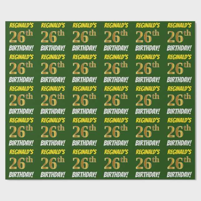 Papier Cadeau Vert, Faux/Imitation Or, "26ème anniversaire" (Plat)