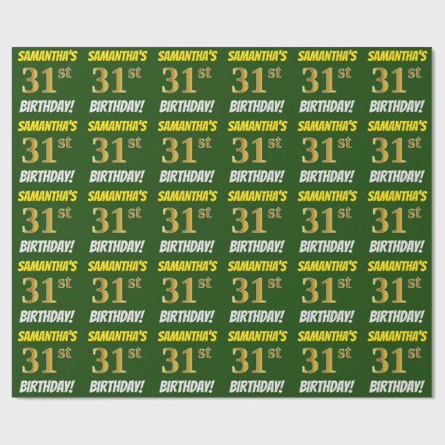 Papier Cadeau Vert, Faux/Imitation Or, "31e ANNIVERSAIRE" (Plat)