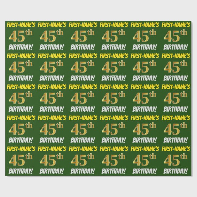 Papier Cadeau Vert, Faux/Imitation Or, "45e anniversaire" (Plat)