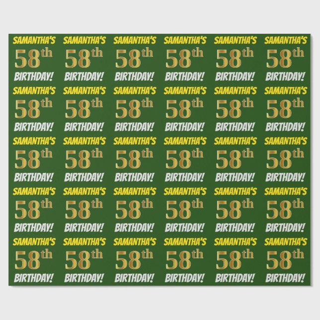 Papier Cadeau Vert, Faux/Imitation Or, "58ème anniversaire" (Plat)
