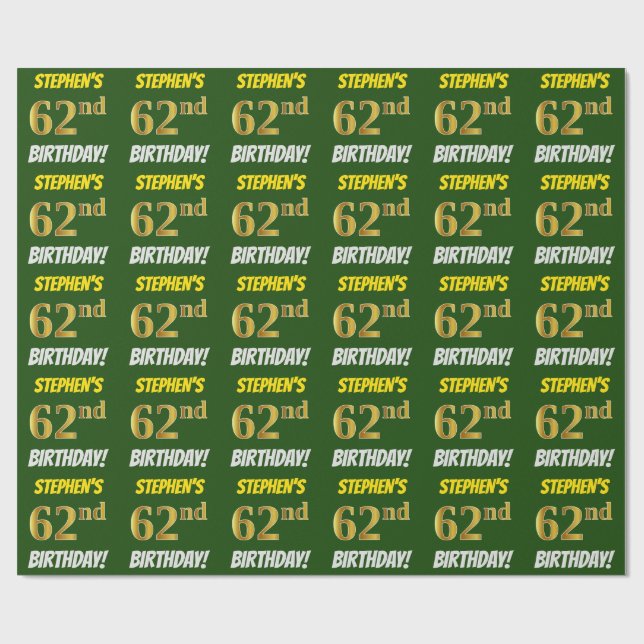 Papier Cadeau Vert, Faux/Imitation Or, "62e anniversaire" (Plat)