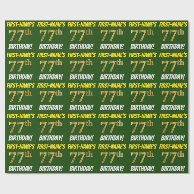 Papier Cadeau Vert, Faux/Imitation Or, "77e anniversaire" (Plat)