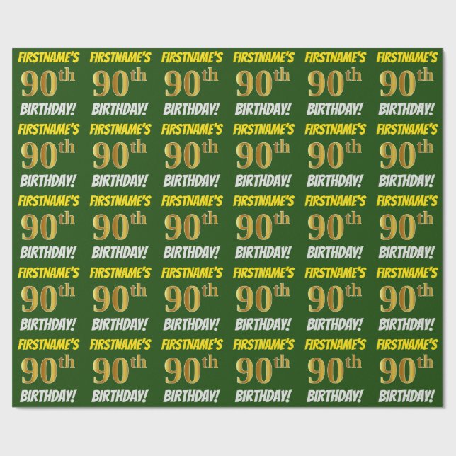 Papier Cadeau Vert, Faux/Imitation Or, "90e ANNIVERSAIRE" (Plat)