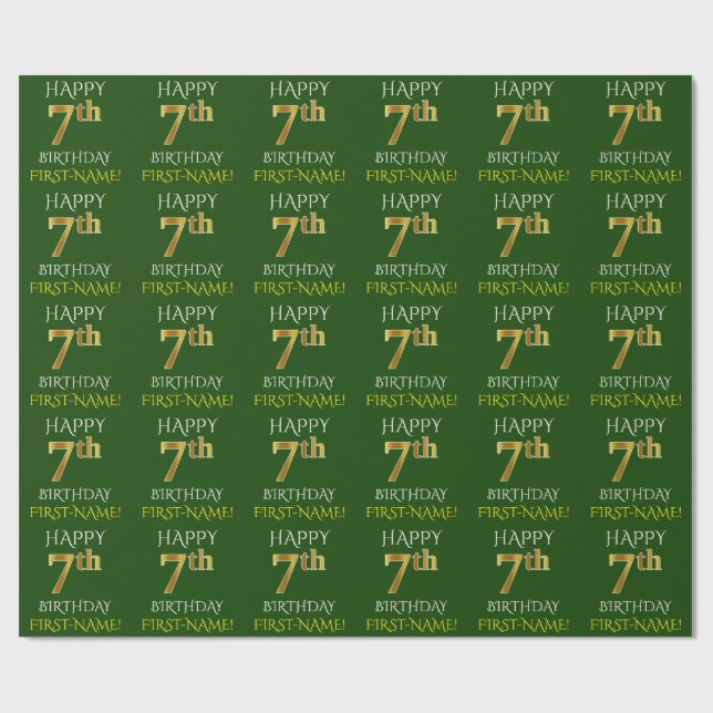 Papier Cadeau Vert, Faux Or "HAPPY 7th BIRTHDAY" (Plat)