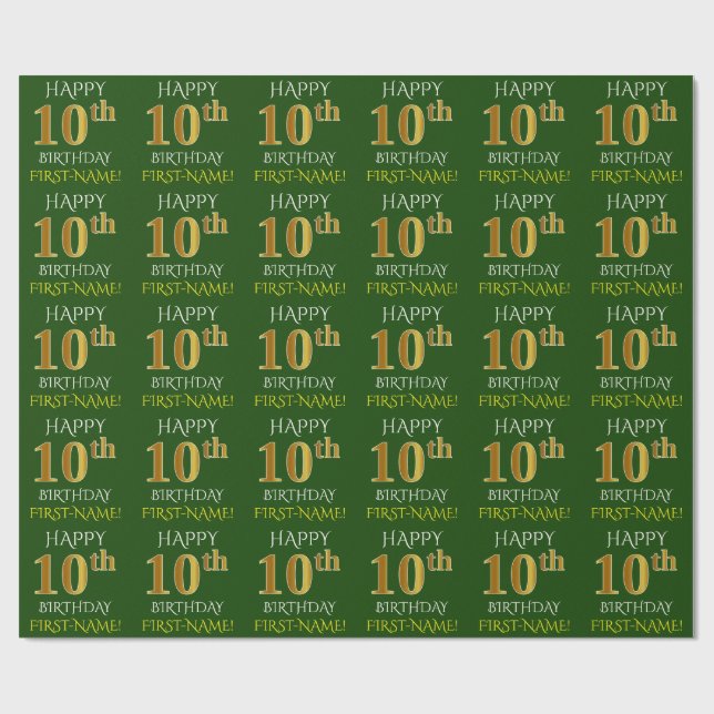 Papier Cadeau Vert, Faux Or "HEUREUX 10ème anniversaire" (Plat)