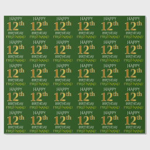 Papier Cadeau Vert, Faux Or "HEUREUX 12ème anniversaire"