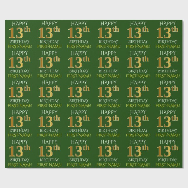 Papier Cadeau Vert, Faux Or "HEUREUX 13ème anniversaire" (Plat)