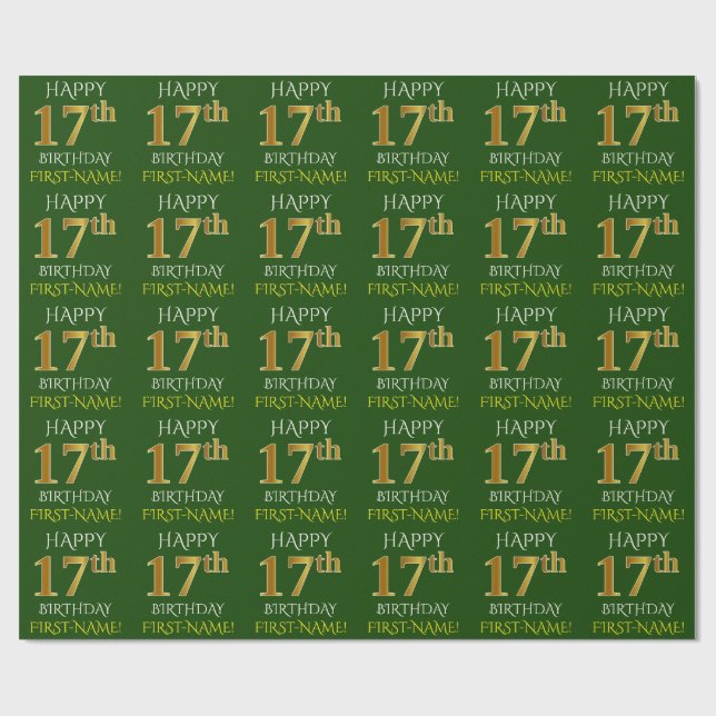 Papier Cadeau Vert, Faux Or "HEUREUX 17ème anniversaire" (Plat)