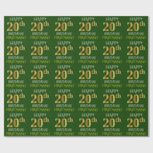 Papier Cadeau Vert, Faux Or "HEUREUX 20ème anniversaire"