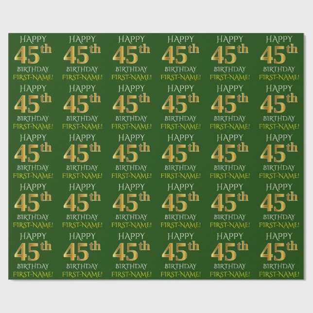 Papier Cadeau Vert, Faux Or "HEUREUX 45ème anniversaire" (Plat)