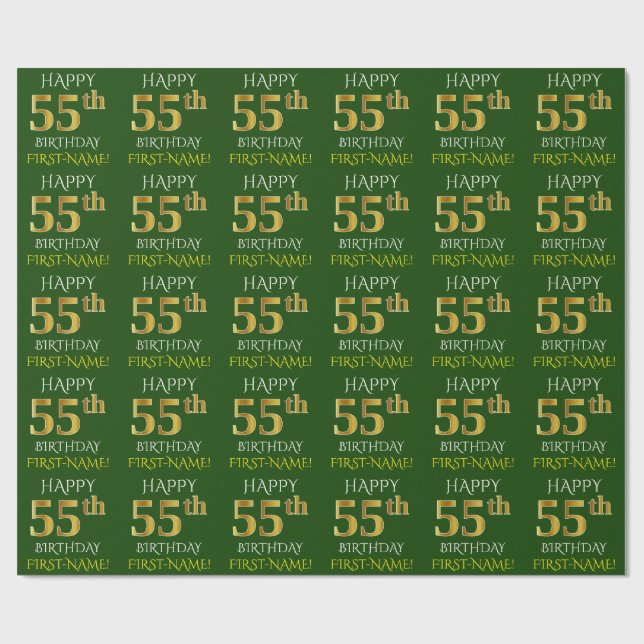 Papier Cadeau Vert, Faux Or "HEUREUX 55ème anniversaire" (Plat)