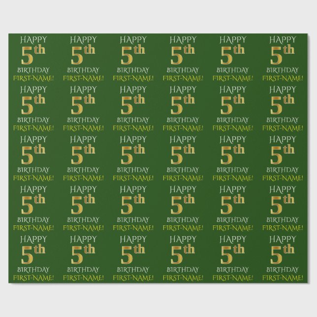 Papier Cadeau Vert, Faux Or "HEUREUX 5ème anniversaire" (Plat)