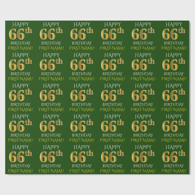 Papier Cadeau Vert, Faux Or "HEUREUX 66ème anniversaire" (Plat)
