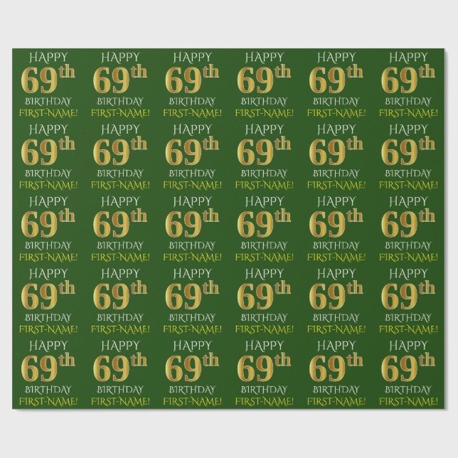 Papier Cadeau Vert, Faux Or "HEUREUX 69ème anniversaire" (Plat)