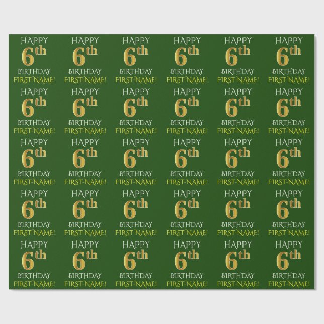 Papier Cadeau Vert, Faux Or "HEUREUX 6ème anniversaire" (Plat)