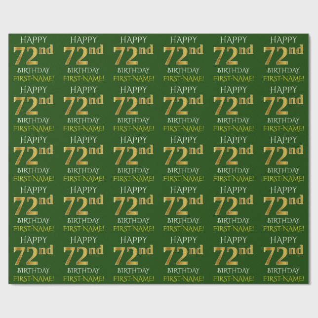 Papier Cadeau Vert, Faux Or "HEUREUX 72e ANNIVERSAIRE" (Plat)