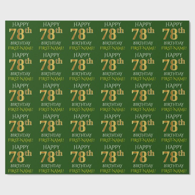 Papier Cadeau Vert, Faux Or "HEUREUX 78ème anniversaire" (Plat)