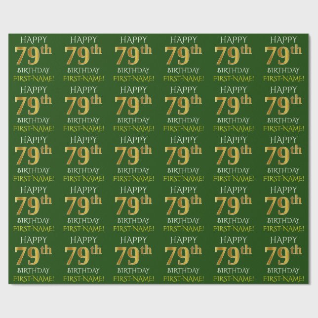 Papier Cadeau Vert, Faux Or "HEUREUX 79ème anniversaire" (Plat)