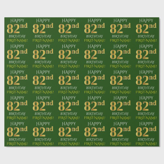 Papier Cadeau Vert, Faux Or "HEUREUX 82e ANNIVERSAIRE" (Plat)