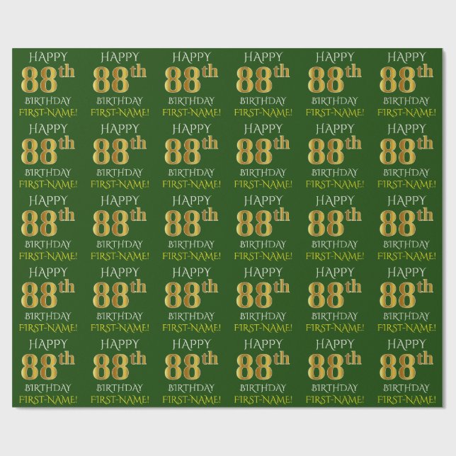 Papier Cadeau Vert, Faux Or "HEUREUX 88e ANNIVERSAIRE" (Plat)