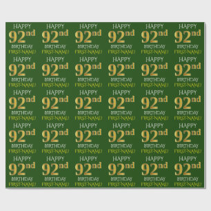 Papier Cadeau Vert, Faux Or "HEUREUX 92e ANNIVERSAIRE"