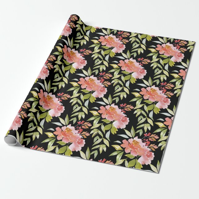 Papier Cadeau Vert Floral Rouge luxuriant sur le noir (Déroulé)
