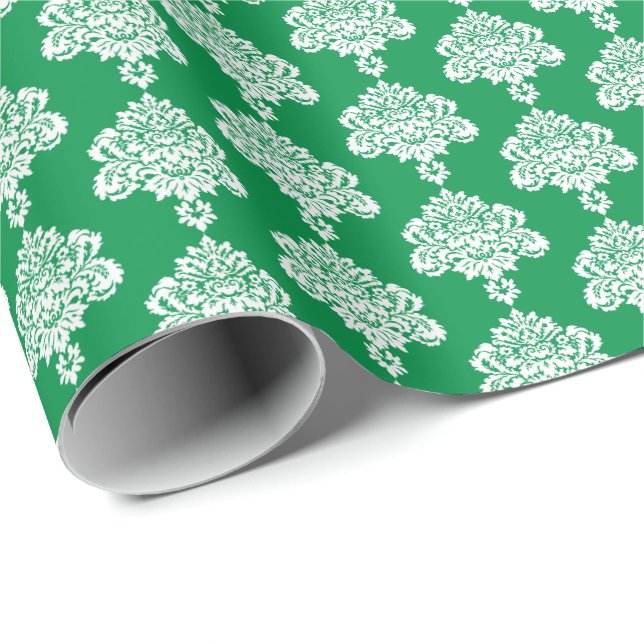 Papier Cadeau Vert herbe | Papier blanc à enveloppement de Damas (Coin rond)