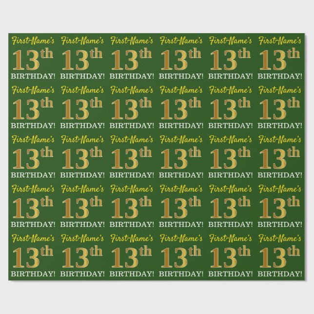 Papier Cadeau Vert, Imitation Or Look "13ème anniversaire" (Plat)