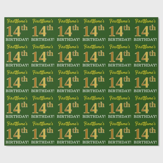 Papier Cadeau Vert, Imitation Or Look "14e anniversaire" (Plat)