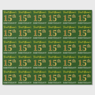 Papier Cadeau Vert, Imitation Or Look "15ème anniversaire"