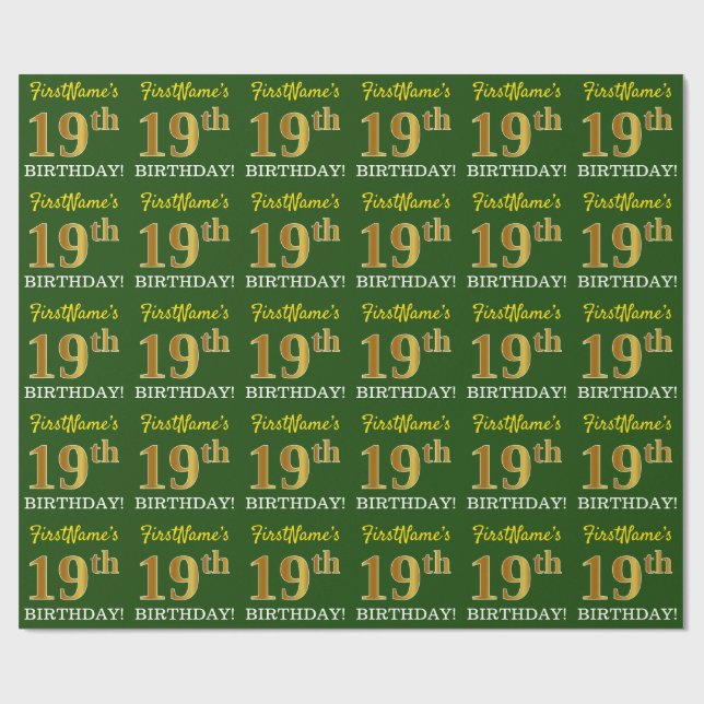 Papier Cadeau Vert, Imitation Or Look "19ème anniversaire" (Plat)