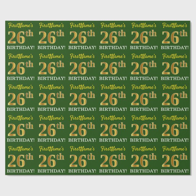 Papier Cadeau Vert, Imitation Or Look "26e anniversaire" (Plat)