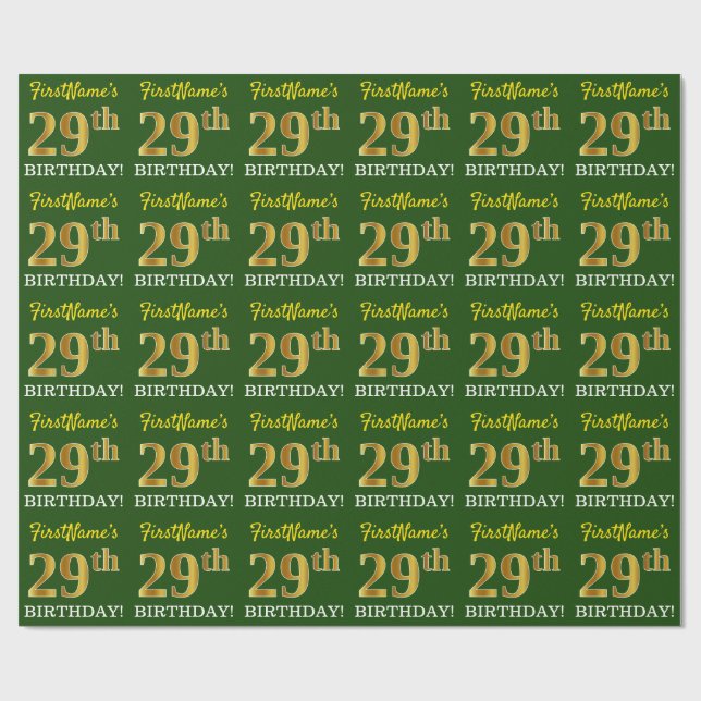Papier Cadeau Vert, Imitation Or Look "29ème anniversaire" (Plat)