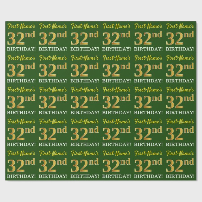 Papier Cadeau Vert, Imitation Or Look "32e anniversaire" (Plat)